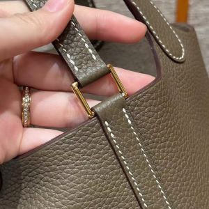 Hermes Picotin Lock 18 CM Bag Handmade In Taurillon Clemence Leather Gold Hardware 18 Etoupe - Image 5