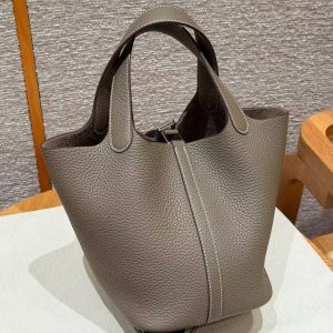 Hermes Picotin Lock 18 CM Bag Handmade In Taurillon Clemence Leather Silver Hardware 18 Etoupe - Image 2