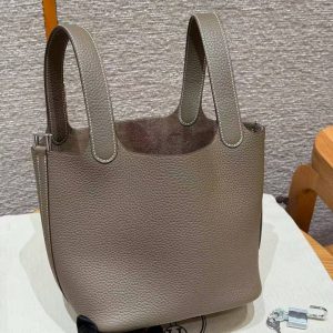 Hermes Picotin Lock 18 CM Bag Handmade In Taurillon Clemence Leather Silver Hardware 18 Etoupe - Image 14