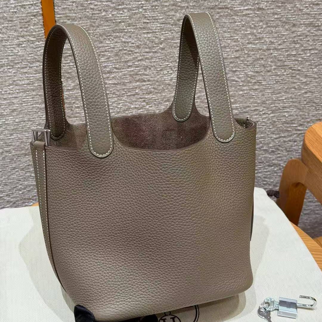 Hermes Picotin Lock 18 CM Bag Handmade In Taurillon Clemence Leather Silver Hardware 18 Etoupe - Image 14