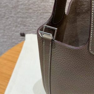 Hermes Picotin Lock 18 CM Bag Handmade In Taurillon Clemence Leather Silver Hardware 18 Etoupe - Image 11