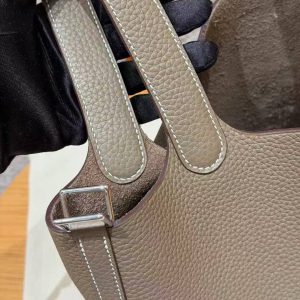 Hermes Picotin Lock 18 CM Bag Handmade In Taurillon Clemence Leather Silver Hardware 18 Etoupe - Image 9
