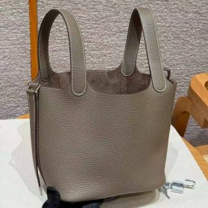 Hermes Picotin Lock 18 CM Bag Handmade In Taurillon Clemence Leather Silver Hardware 18 Etoupe - Image 7
