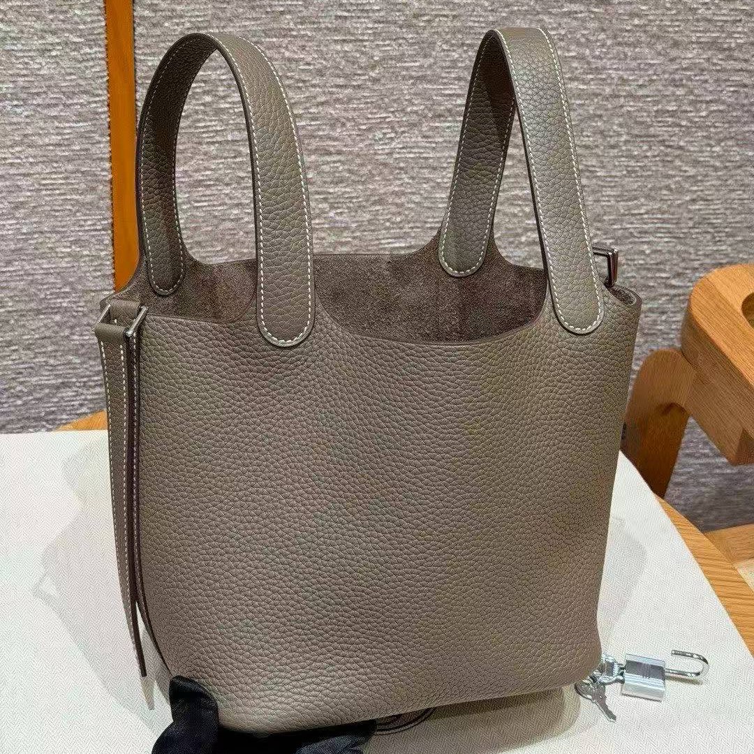 Hermes Picotin Lock 18 CM Bag Handmade In Taurillon Clemence Leather Silver Hardware 18 Etoupe - Image 7