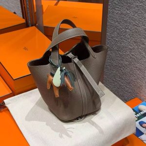 Hermes Picotin Lock 18 CM Bag Handmade In Taurillon Clemence Leather Silver Hardware 18 Etoupe - Image 3