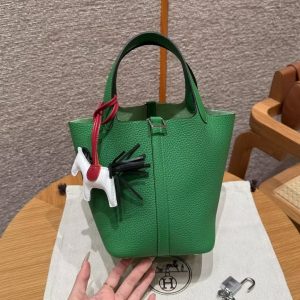 Hermes Picotin Lock 18 CM Bag Handmade In Taurillon Clemence Leather Silver Hardware 1k Bambou - Image 18