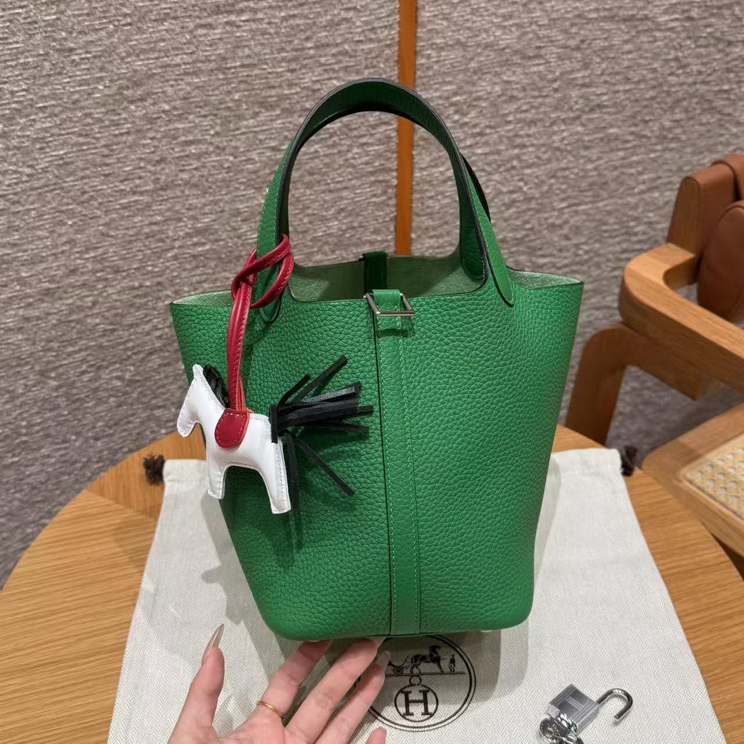 Hermes Picotin Lock 18 CM Bag Handmade In Taurillon Clemence Leather Silver Hardware 1k Bambou - Image 18