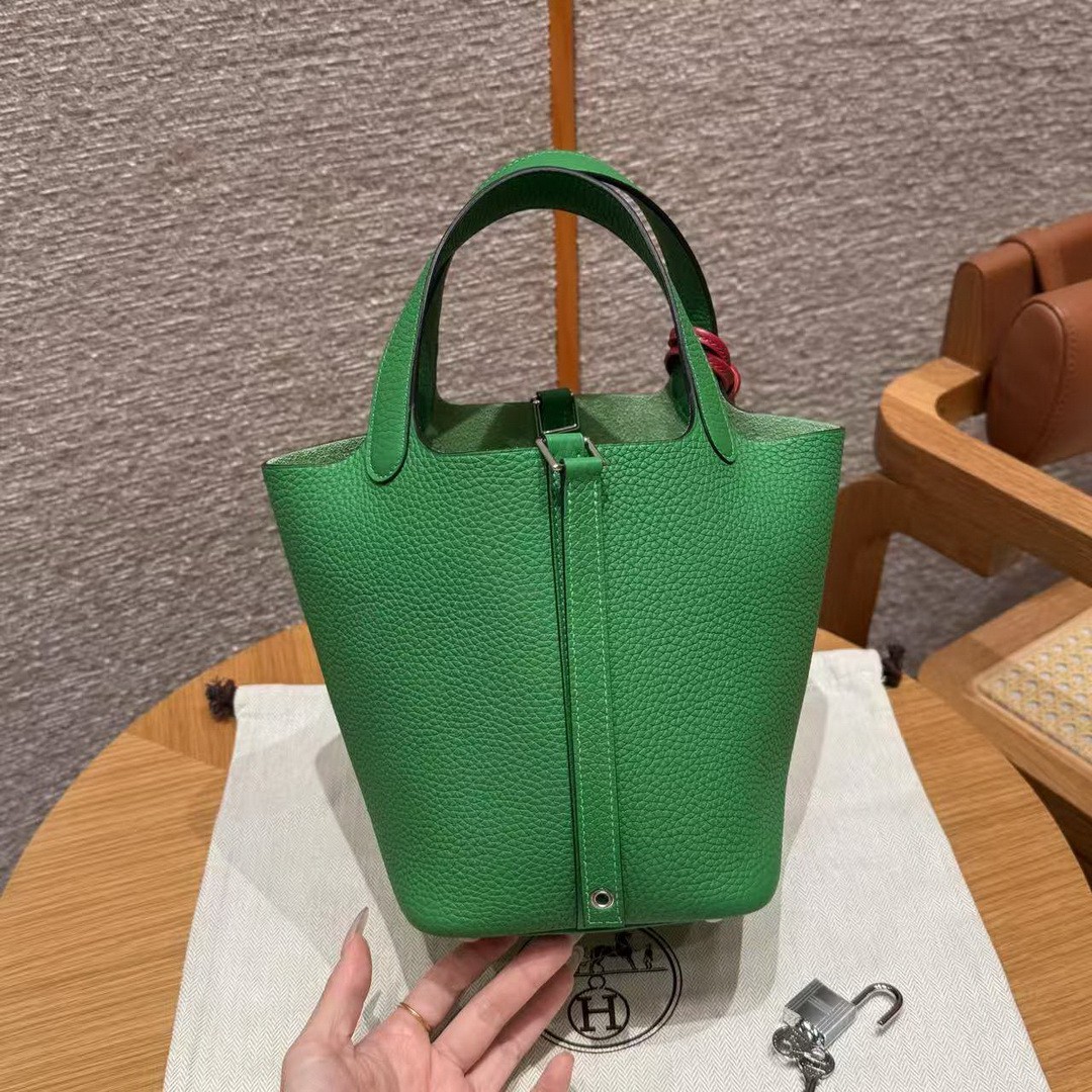 Hermes Picotin Lock 18 CM Bag Handmade In Taurillon Clemence Leather Silver Hardware 1k Bambou - Image 17
