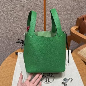 Hermes Picotin Lock 18 CM Bag Handmade In Taurillon Clemence Leather Silver Hardware 1k Bambou - Image 16