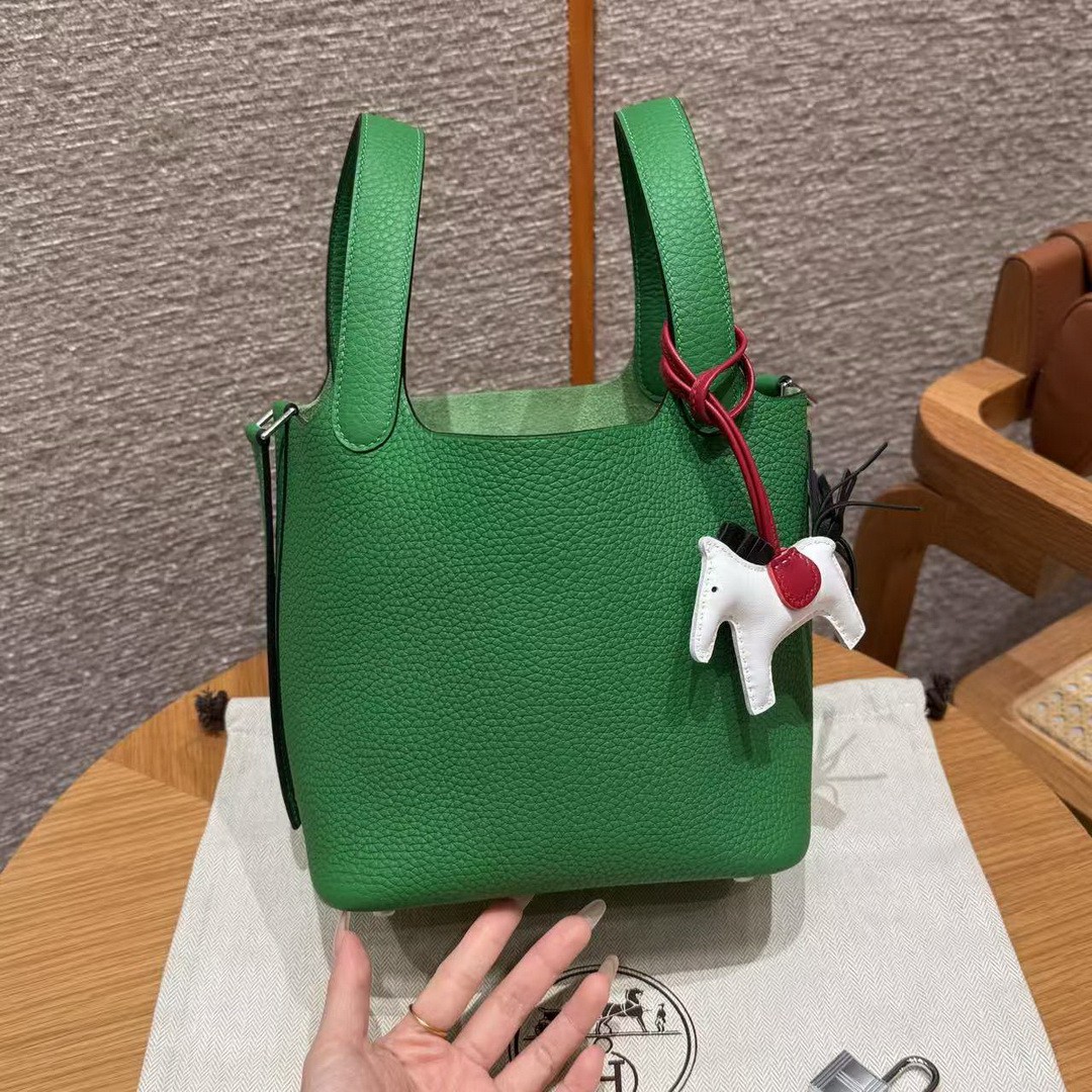 Hermes Picotin Lock 18 CM Bag Handmade In Taurillon Clemence Leather Silver Hardware 1k Bambou - Image 15
