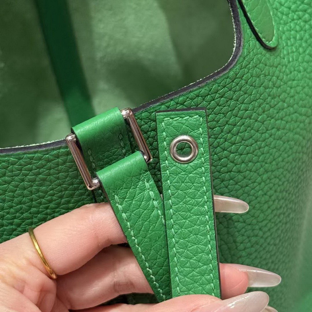 Hermes Picotin Lock 18 CM Bag Handmade In Taurillon Clemence Leather Silver Hardware 1k Bambou - Image 7