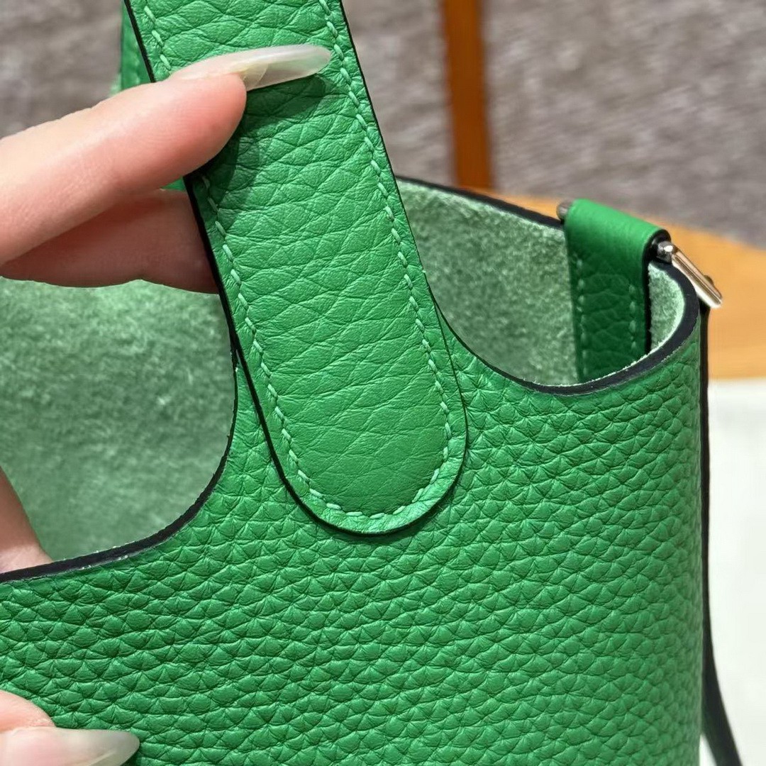 Hermes Picotin Lock 18 CM Bag Handmade In Taurillon Clemence Leather Silver Hardware 1k Bambou - Image 6