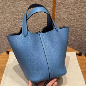 Hermes Picotin Lock 18 CM Bag Handmade In Taurillon Clemence Leather Silver Hardware 2T Blue Paradis - Image 2