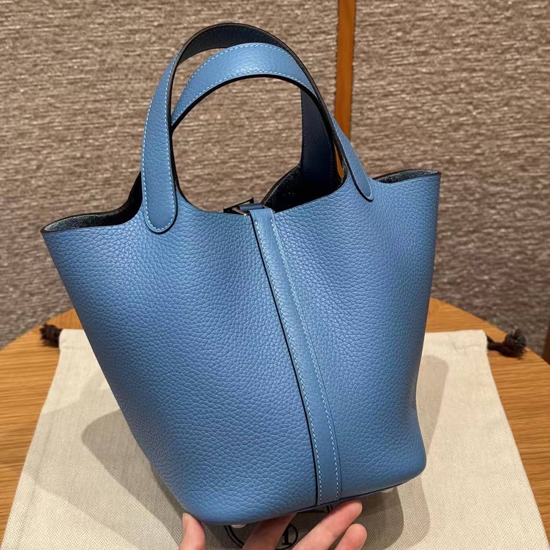 Hermes Picotin Lock 18 CM Bag Handmade In Taurillon Clemence Leather Silver Hardware 2T Blue Paradis - Image 2