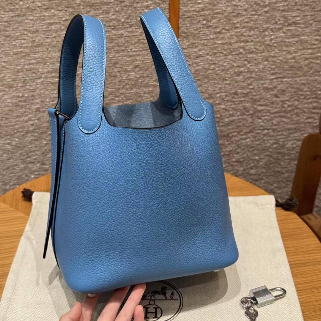 Hermes Picotin Lock 18 CM Bag Handmade In Taurillon Clemence Leather Silver Hardware 2T Blue Paradis - Image 21