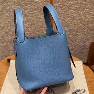 Hermes Picotin Lock 18 CM Bag Handmade In Taurillon Clemence Leather Silver Hardware 2T Blue Paradis - Image 20