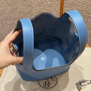 Hermes Picotin Lock 18 CM Bag Handmade In Taurillon Clemence Leather Silver Hardware 2T Blue Paradis - Image 18