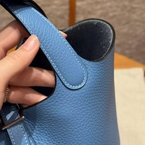 Hermes Picotin Lock 18 CM Bag Handmade In Taurillon Clemence Leather Silver Hardware 2T Blue Paradis - Image 14