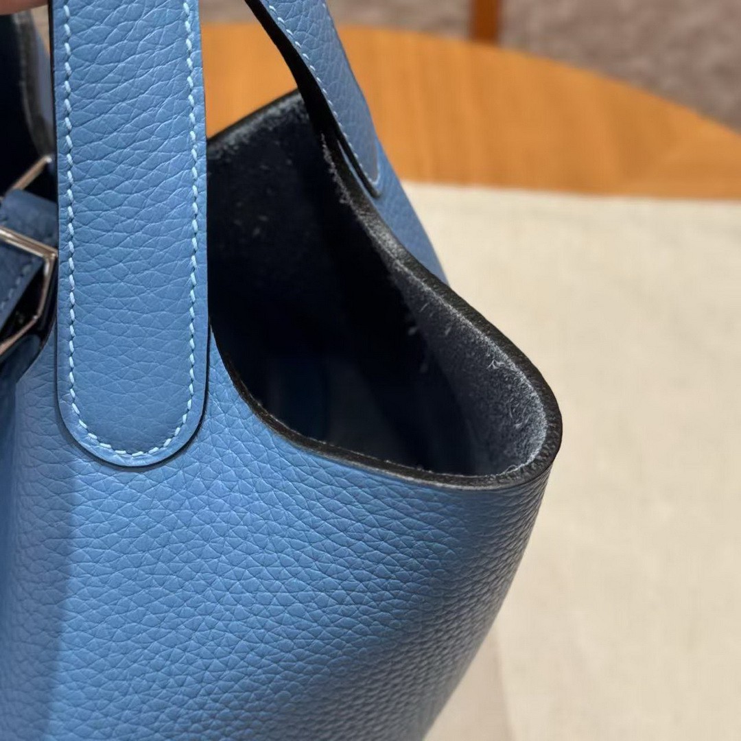 Hermes Picotin Lock 18 CM Bag Handmade In Taurillon Clemence Leather Silver Hardware 2T Blue Paradis - Image 13