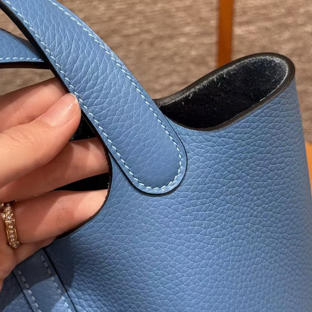 Hermes Picotin Lock 18 CM Bag Handmade In Taurillon Clemence Leather Silver Hardware 2T Blue Paradis - Image 12