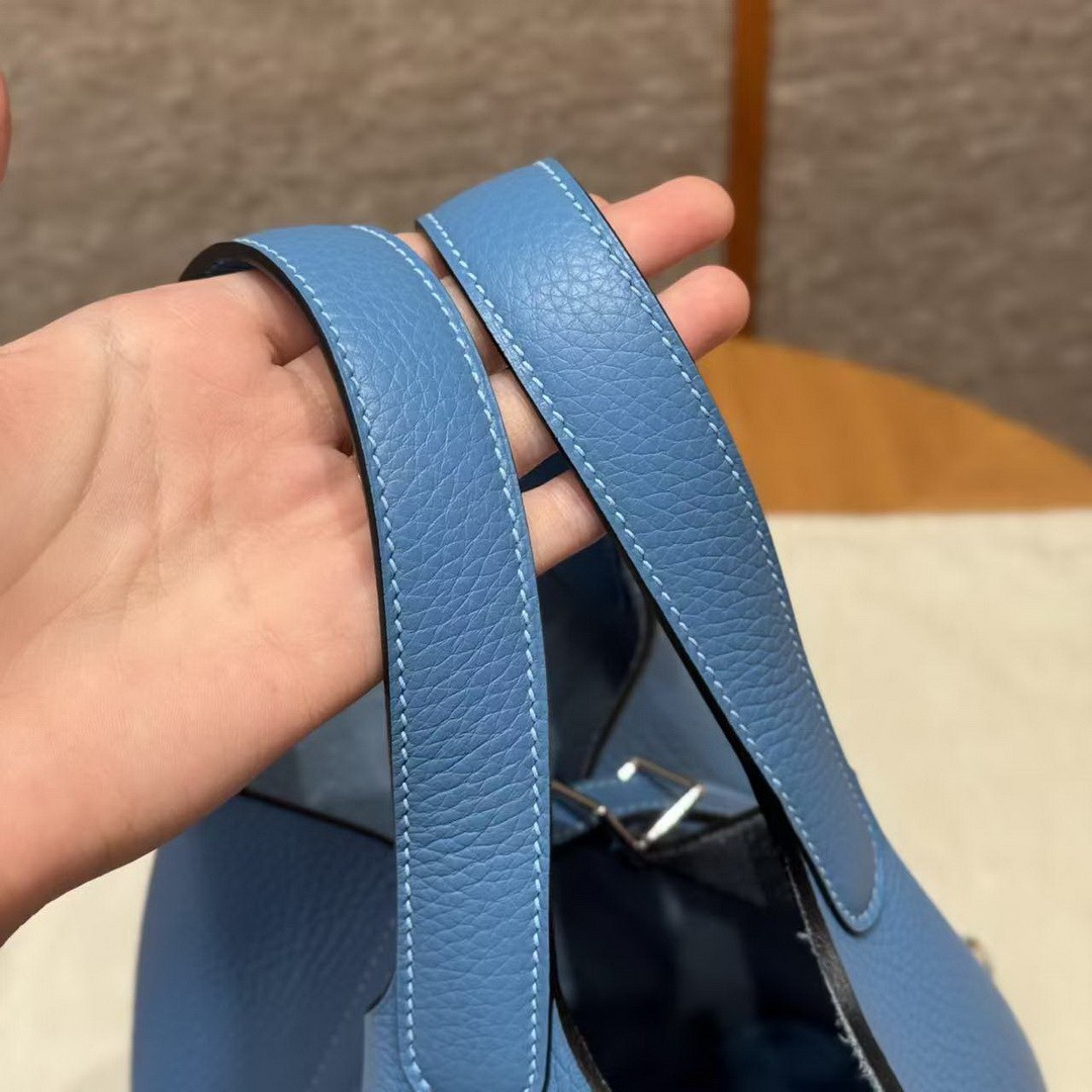 Hermes Picotin Lock 18 CM Bag Handmade In Taurillon Clemence Leather Silver Hardware 2T Blue Paradis - Image 11