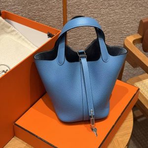 Hermes Picotin Lock 18 CM Bag Handmade In Taurillon Clemence Leather Silver Hardware 2T Blue Paradis - Image 3
