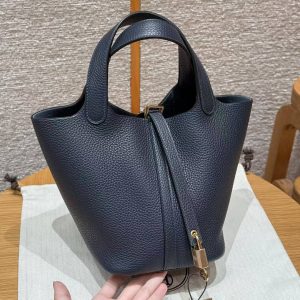 Hermes Picotin Lock 18 CM Bag Handmade In Taurillon Clemence Leather Gold Hardware 2z Blue Nuit