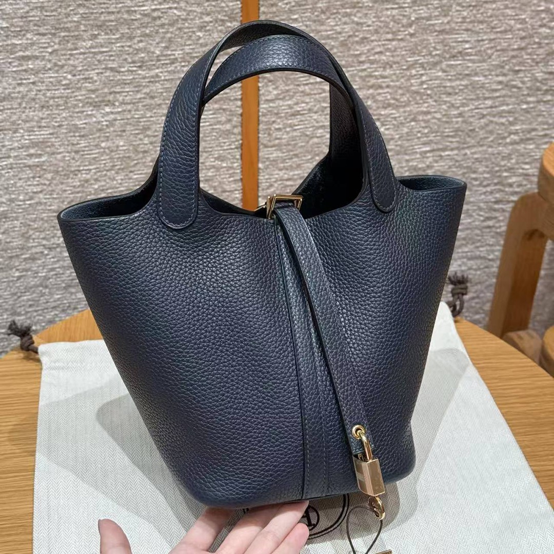 Hermes Picotin Lock 18 CM Bag Handmade In Taurillon Clemence Leather Gold Hardware 2z Blue Nuit