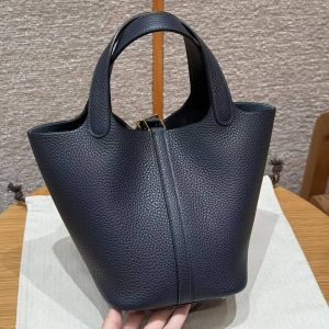 Hermes Picotin Lock 18 CM Bag Handmade In Taurillon Clemence Leather Gold Hardware 2z Blue Nuit - Image 2