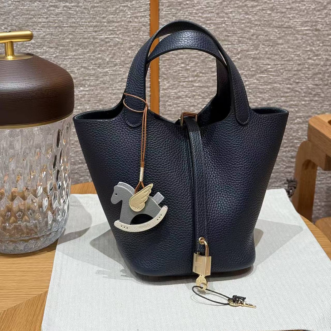 Hermes Picotin Lock 18 CM Bag Handmade In Taurillon Clemence Leather Gold Hardware 2z Blue Nuit - Image 8