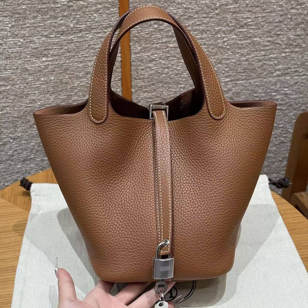 Hermes Picotin Lock 18 CM Bag Handmade In Taurillon Clemence Leather Silver Hardware 37 Gold