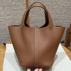 Hermes Picotin Lock 18 CM Bag Handmade In Taurillon Clemence Leather Silver Hardware 37 Gold - Image 2