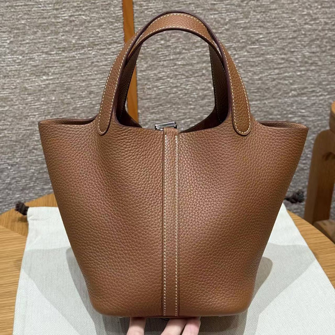 Hermes Picotin Lock 18 CM Bag Handmade In Taurillon Clemence Leather Silver Hardware 37 Gold - Image 2