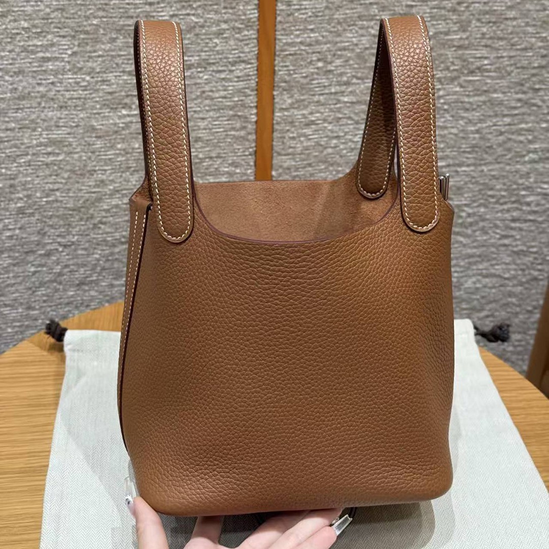 Hermes Picotin Lock 18 CM Bag Handmade In Taurillon Clemence Leather Silver Hardware 37 Gold - Image 15