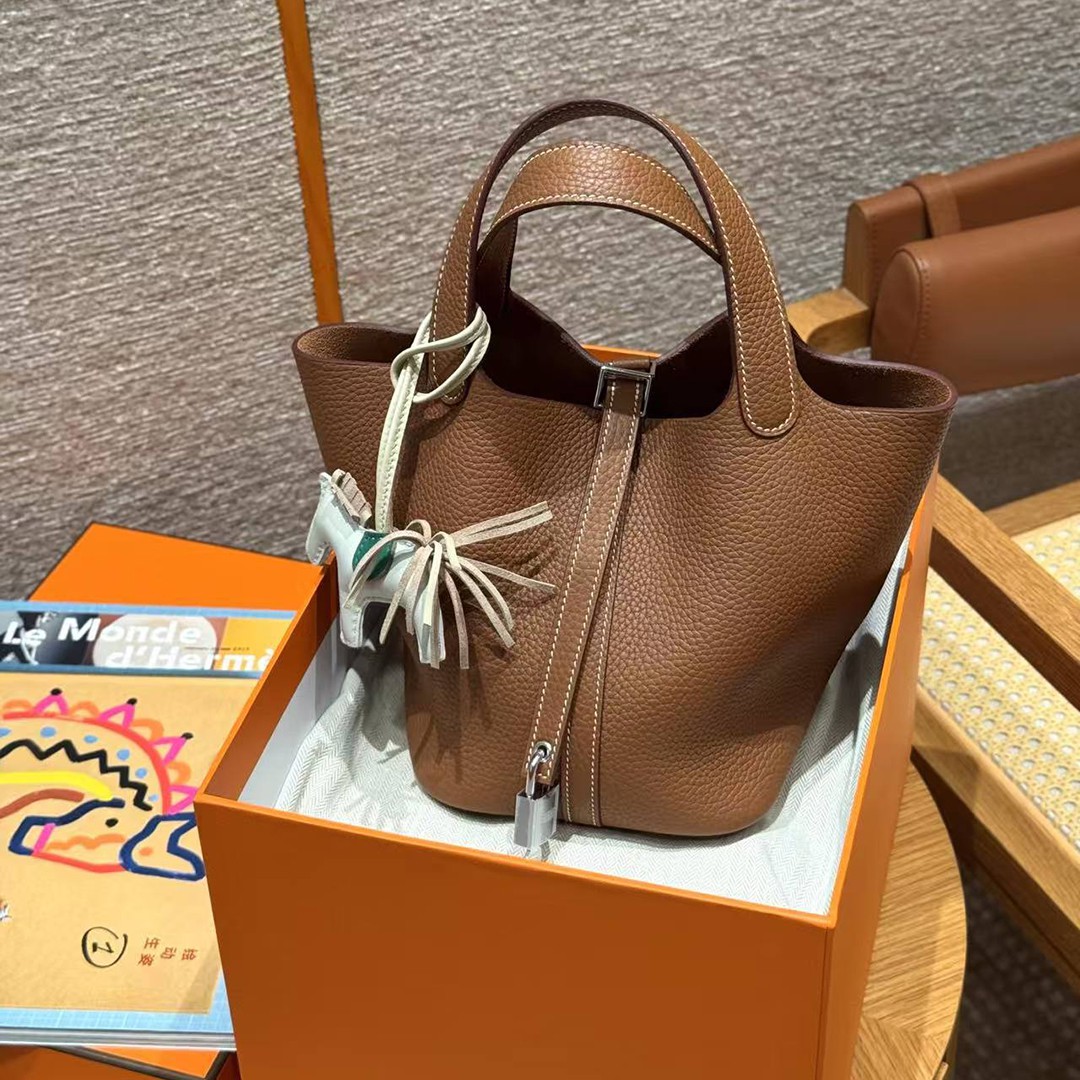 Hermes Picotin Lock 18 CM Bag Handmade In Taurillon Clemence Leather Silver Hardware 37 Gold - Image 9