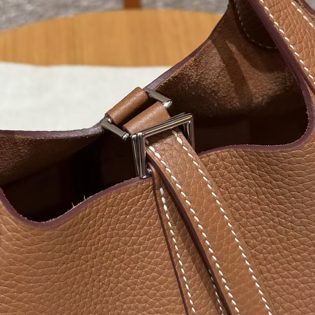 Hermes Picotin Lock 18 CM Bag Handmade In Taurillon Clemence Leather Silver Hardware 37 Gold - Image 6