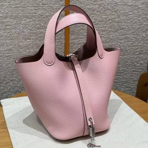 Hermes Picotin Lock 18 CM Bag Handmade In Taurillon Clemence Leather Silver Hardware 3Q Rose Sakura