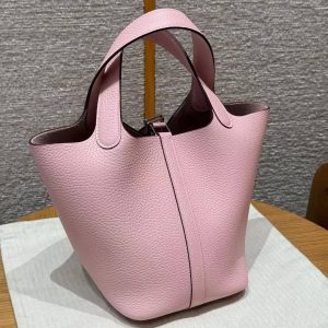 Hermes Picotin Lock 18 CM Bag Handmade In Taurillon Clemence Leather Silver Hardware 3Q Rose Sakura - Image 2