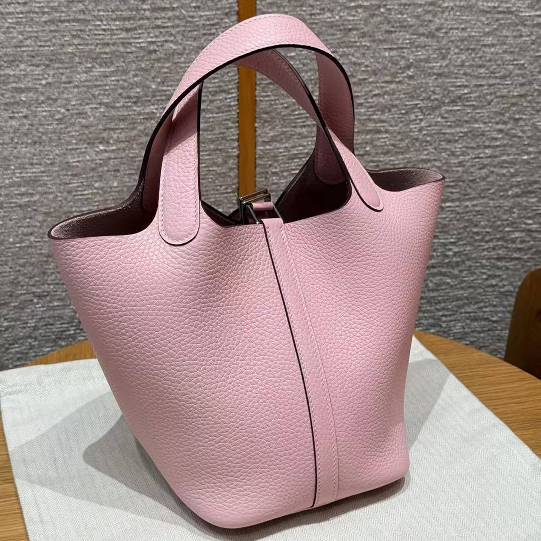 Hermes Picotin Lock 18 CM Bag Handmade In Taurillon Clemence Leather Silver Hardware 3Q Rose Sakura - Image 2