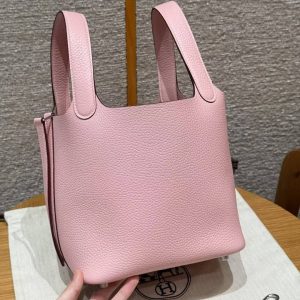 Hermes Picotin Lock 18 CM Bag Handmade In Taurillon Clemence Leather Silver Hardware 3Q Rose Sakura - Image 17