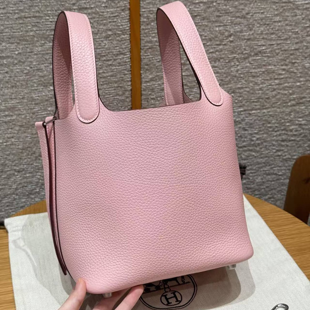 Hermes Picotin Lock 18 CM Bag Handmade In Taurillon Clemence Leather Silver Hardware 3Q Rose Sakura - Image 17