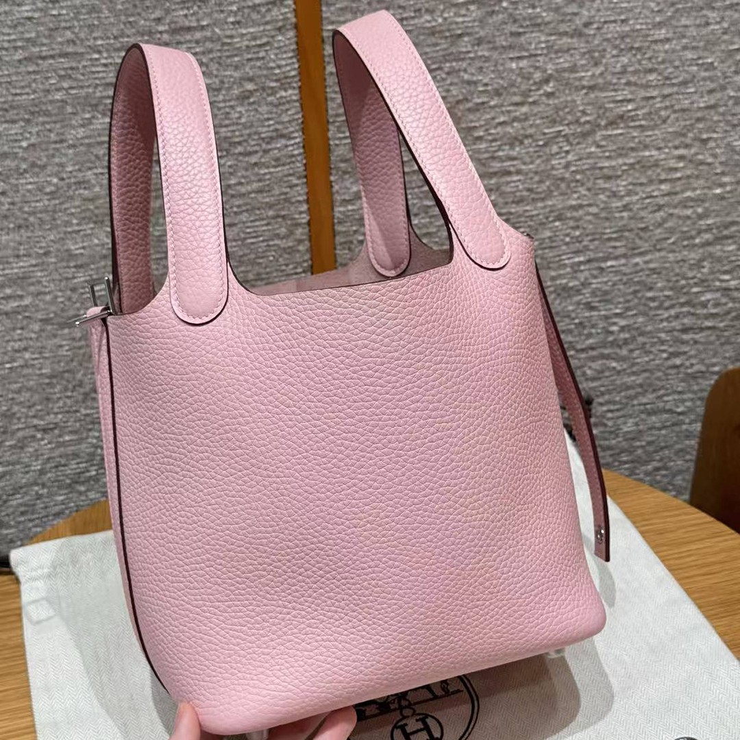 Hermes Picotin Lock 18 CM Bag Handmade In Taurillon Clemence Leather Silver Hardware 3Q Rose Sakura - Image 16