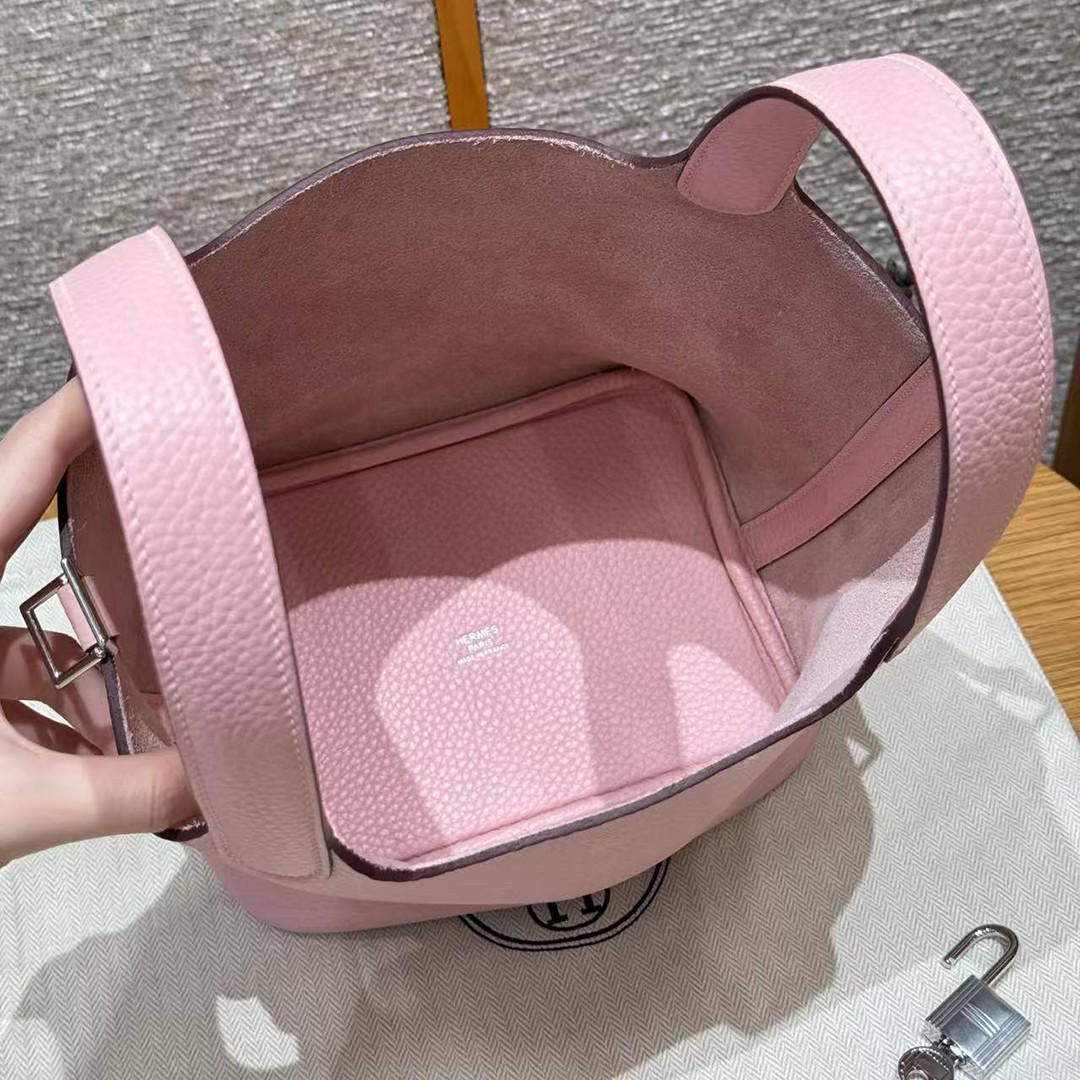 Hermes Picotin Lock 18 CM Bag Handmade In Taurillon Clemence Leather Silver Hardware 3Q Rose Sakura - Image 15