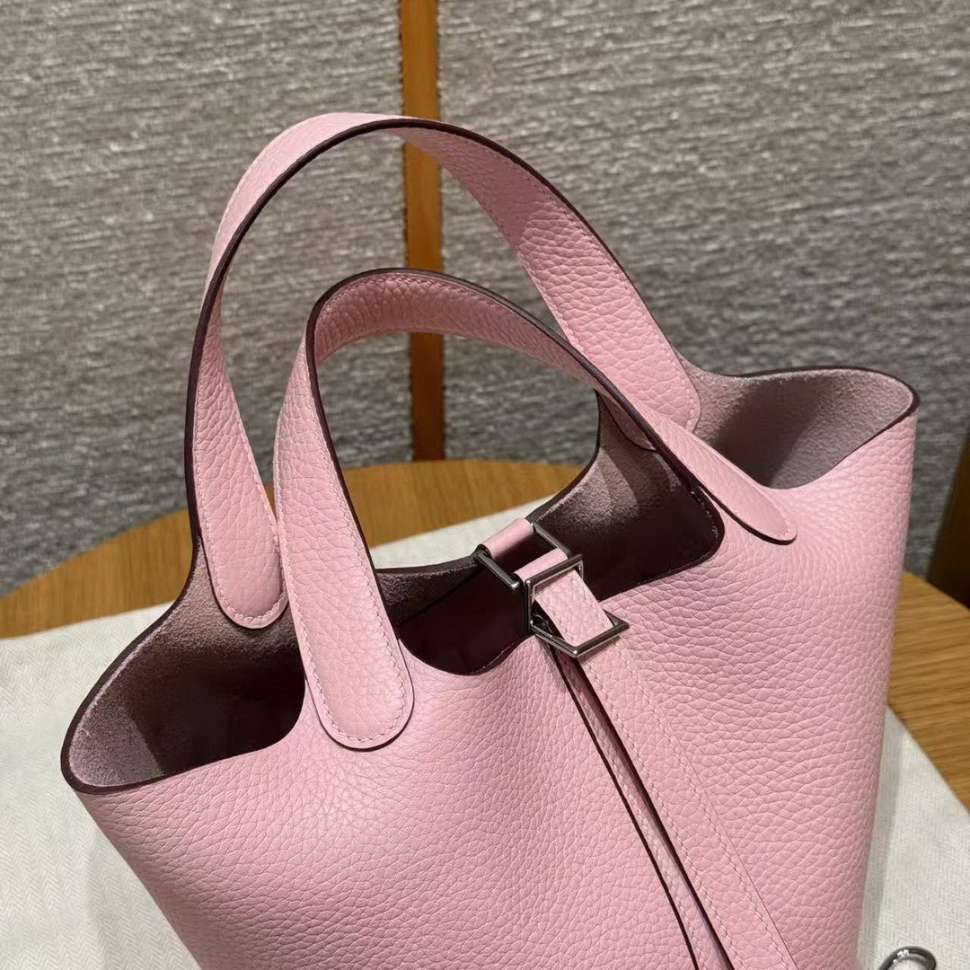 Hermes Picotin Lock 18 CM Bag Handmade In Taurillon Clemence Leather Silver Hardware 3Q Rose Sakura - Image 10