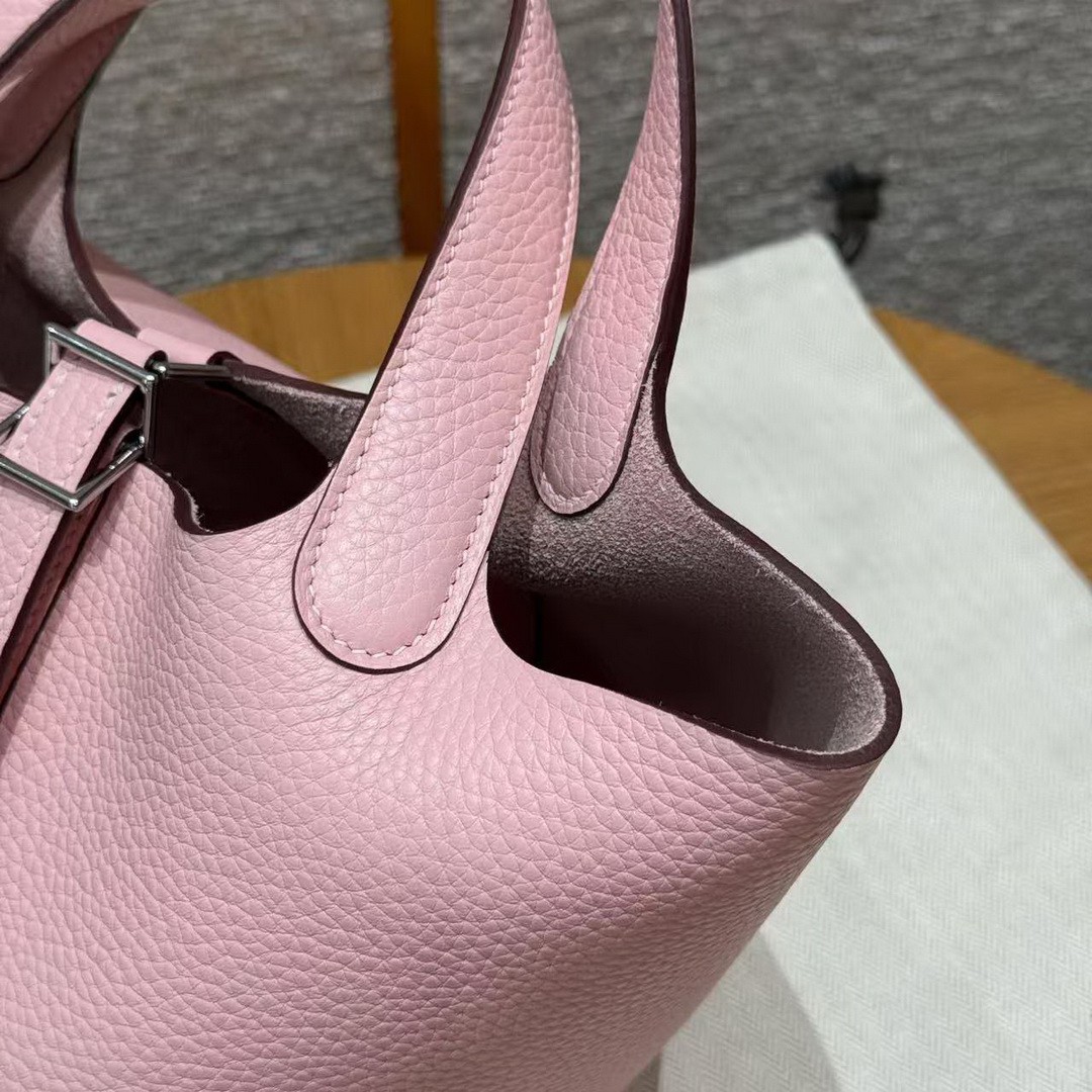 Hermes Picotin Lock 18 CM Bag Handmade In Taurillon Clemence Leather Silver Hardware 3Q Rose Sakura - Image 9