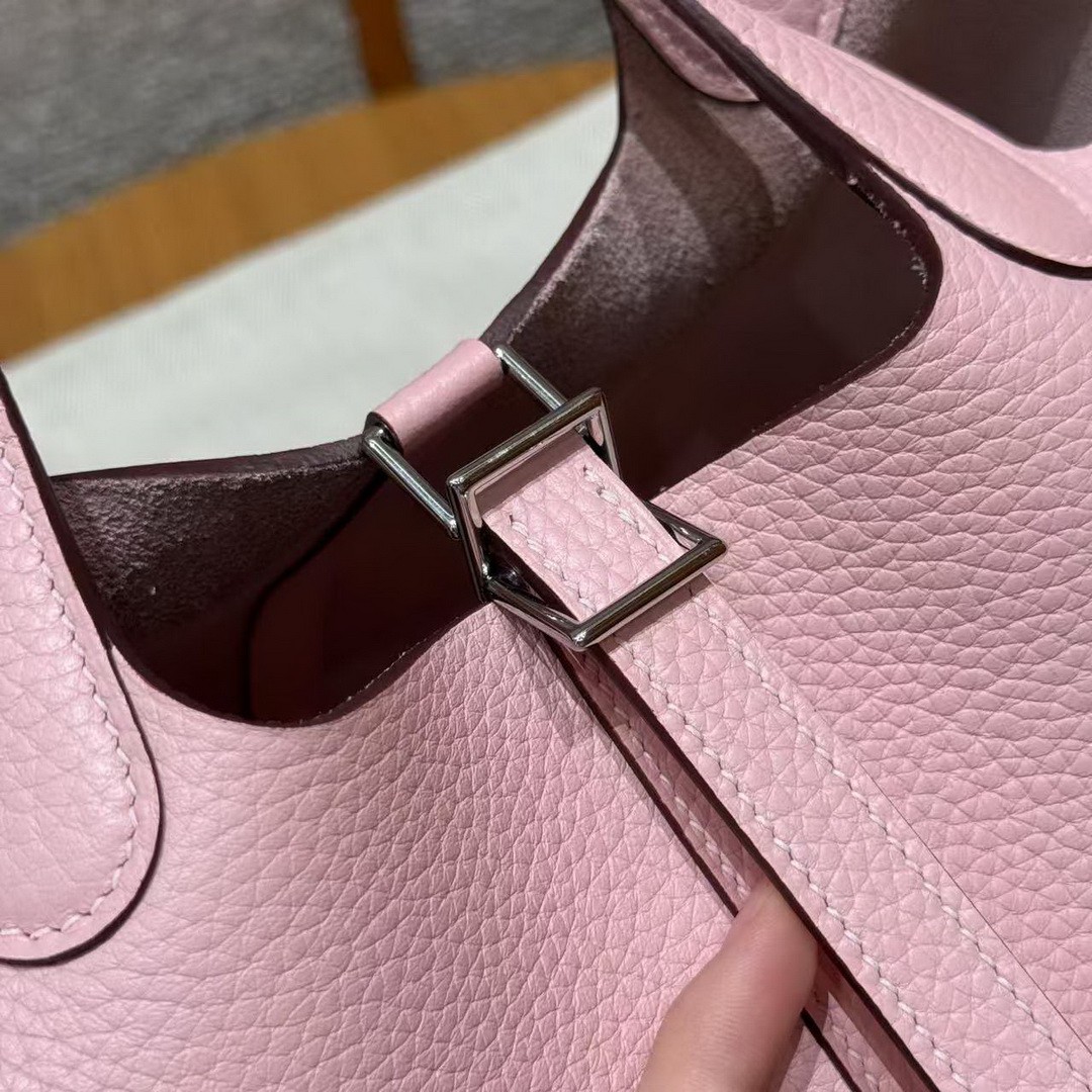 Hermes Picotin Lock 18 CM Bag Handmade In Taurillon Clemence Leather Silver Hardware 3Q Rose Sakura - Image 8