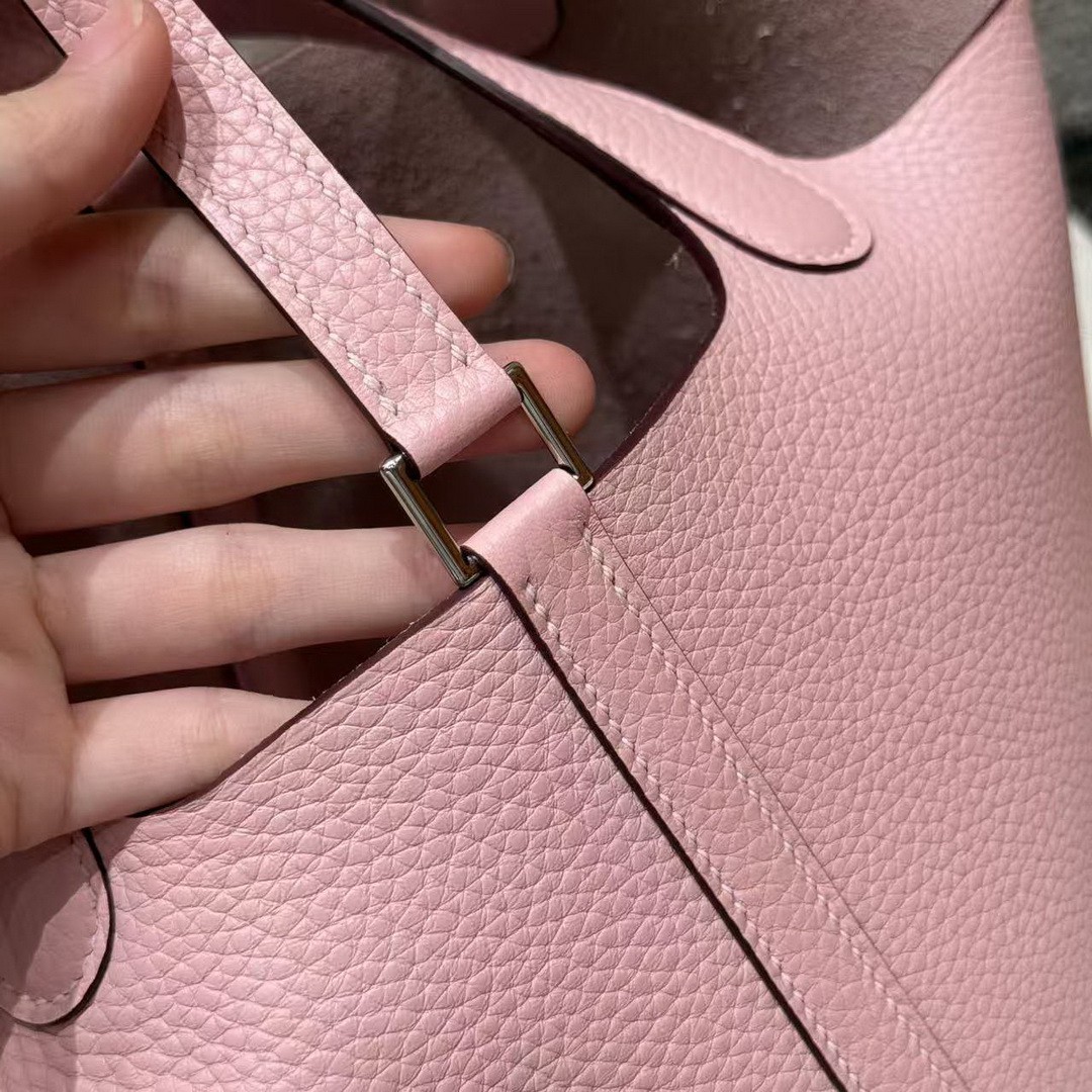 Hermes Picotin Lock 18 CM Bag Handmade In Taurillon Clemence Leather Silver Hardware 3Q Rose Sakura - Image 6