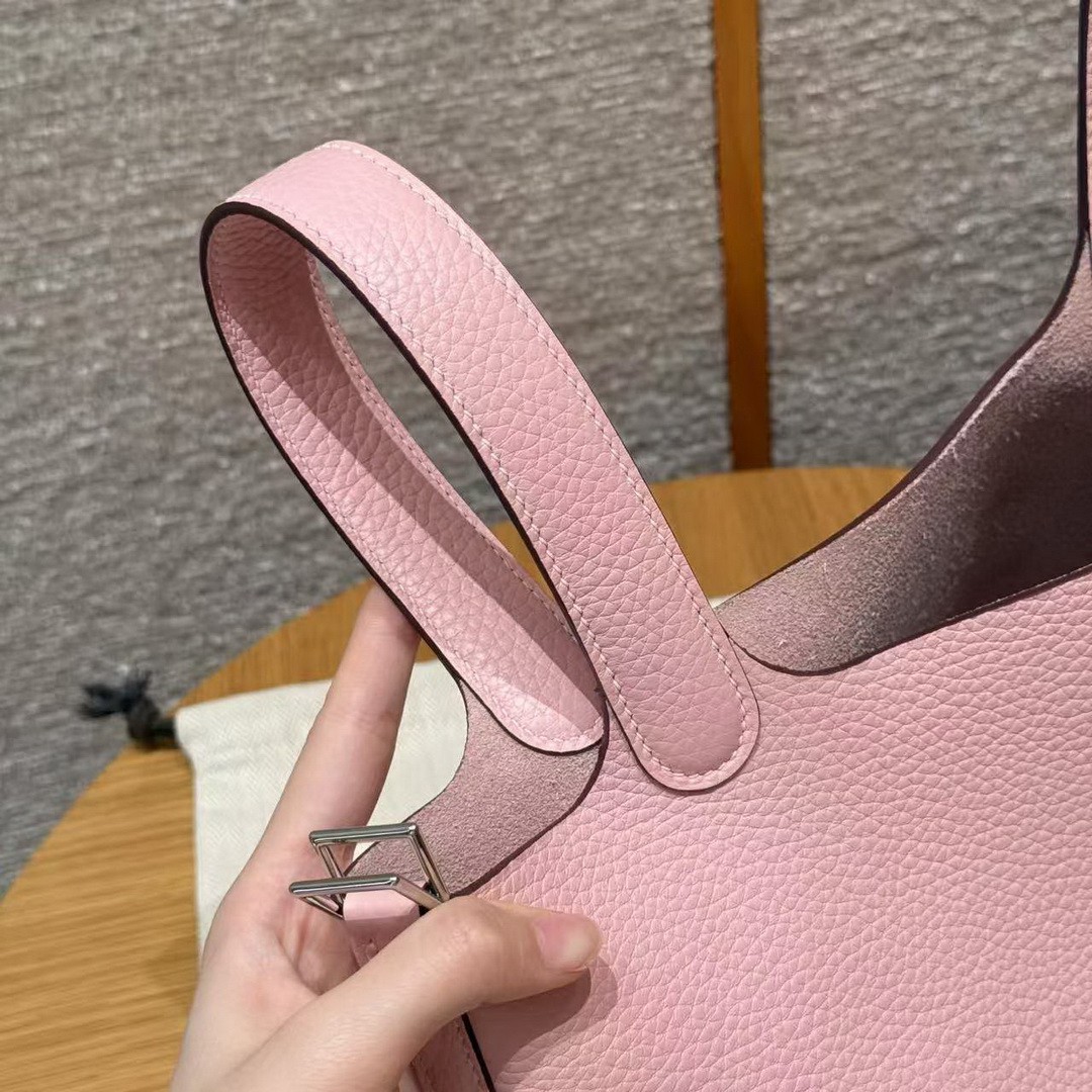 Hermes Picotin Lock 18 CM Bag Handmade In Taurillon Clemence Leather Silver Hardware 3Q Rose Sakura - Image 4