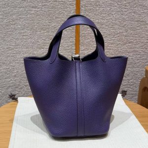 Hermes Picotin Lock 18 CM Bag Handmade In Taurillon Clemence Leather Silver Hardware 3W Prunoir - Image 2