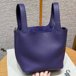 Hermes Picotin Lock 18 CM Bag Handmade In Taurillon Clemence Leather Silver Hardware 3W Prunoir - Image 20